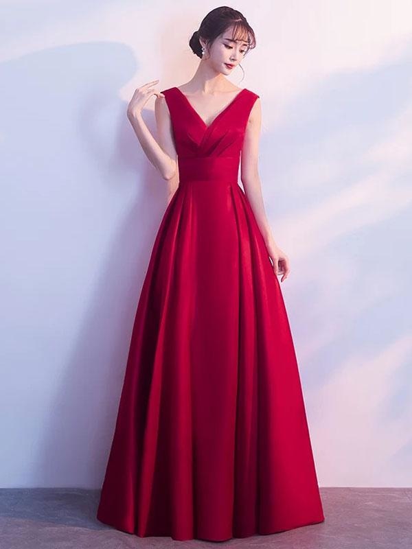 Burgundy Evening Dresses Long V Neck Sleeveless Pleated A Line Floor Length Evening Dress(APP ExclusivePrice  $89.99)