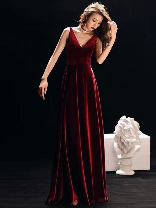 Burgundy Evening Dresses Straps V Neck Velvet Sleeveless Long Prom Dress