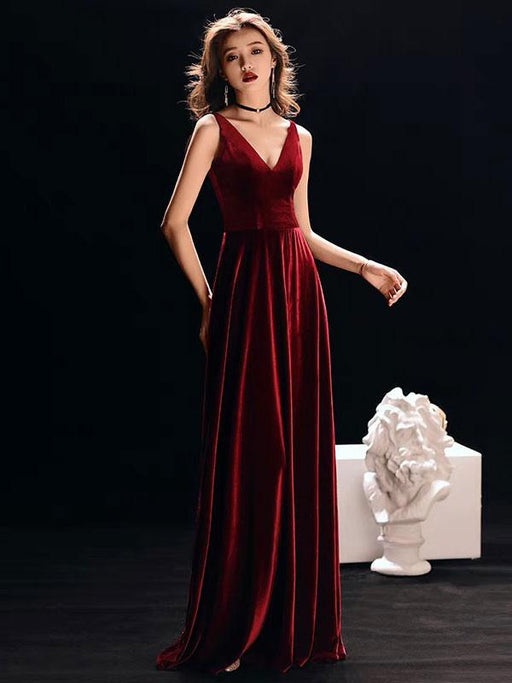 Burgundy Evening Dresses Straps V Neck Velvet Sleeveless Long Prom Dress
