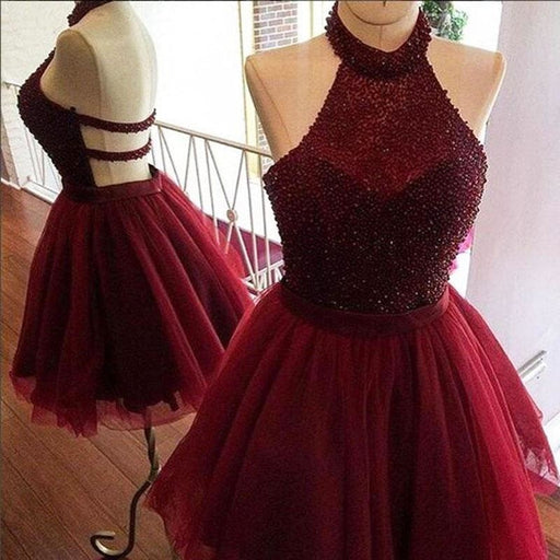 Burgundy Halter Beading Tulle Short Prom/Homecoming Backless Party Dresses - Prom Dresses