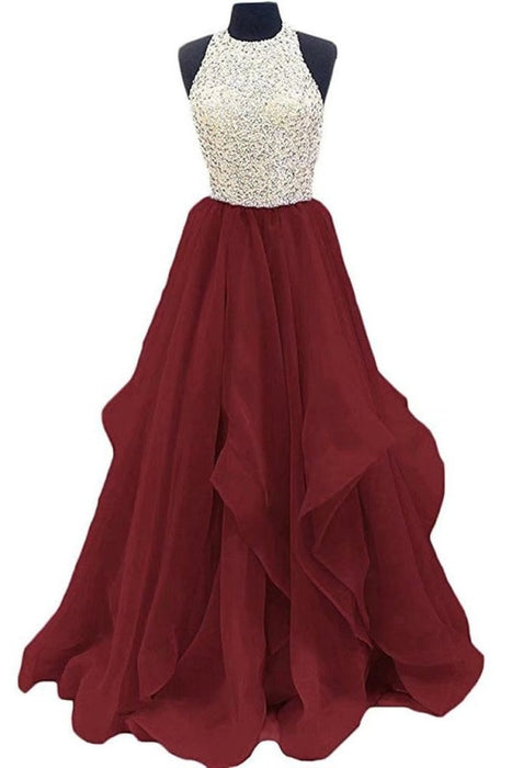 Burgundy Jewel Sleeveless Organza Floor Length Prom with Sequins Graduation Dress - Prom Dresses