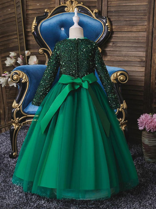 Burgundy V-Neck Tulle Long Sleeves Flower Girl Dresses-Bridelily Burgundy V-Neck Tulle Long Sleeves Flower Girl Dresses-Bridelily