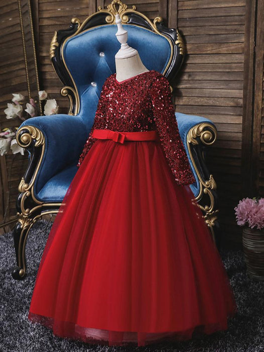 Burgundy V-Neck Tulle Long Sleeves Flower Girl Dresses-Bridelily
