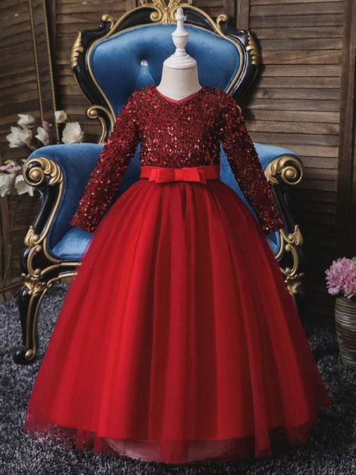 Flower Girl Dresses V-Neck Tulle Long Sleeves Ankle-Length A-Line Bows Burgundy Kids Social Party Dresses