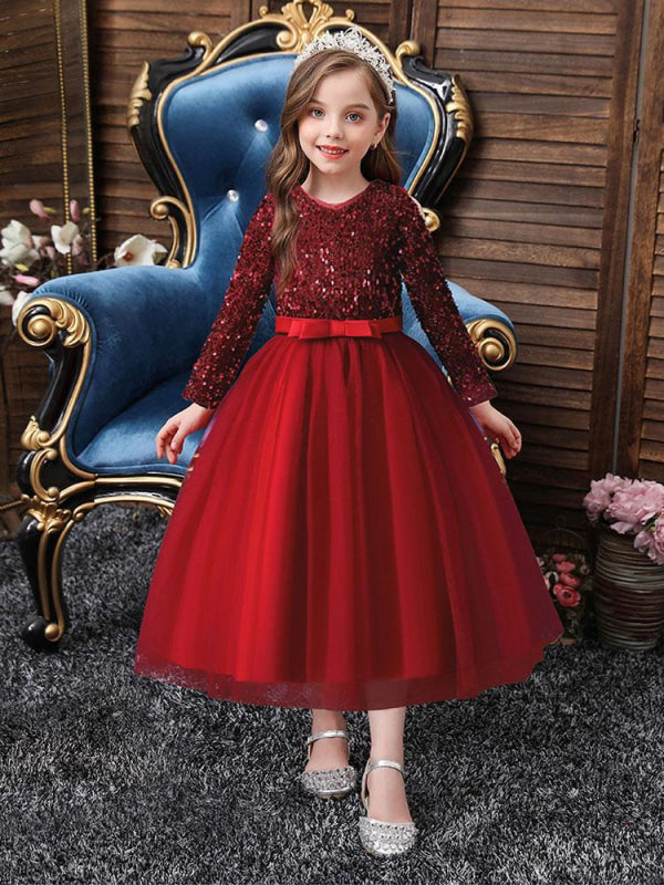 Burgundy V-Neck Tulle Long Sleeves Flower Girl Dresses-Bridelily Burgundy V-Neck Tulle Long Sleeves Flower Girl Dresses-Bridelily