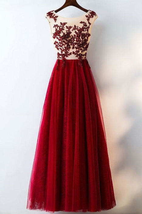 Burgundy Lace Applique Sleeveless Tulle Long Prom Dress with Beads A-line Evening Dresses - Prom Dresses