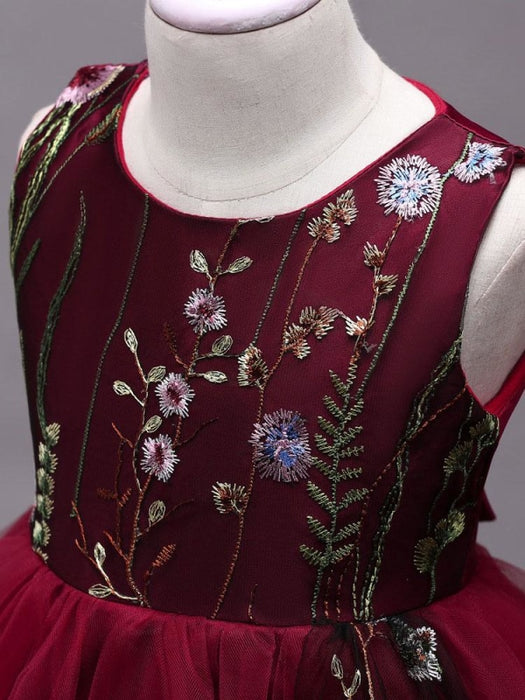Flower Girl Dresses Lace Embroidered Kids Tutu Dress Tulle Sleeveless Burgundy Little Girls Party Dress