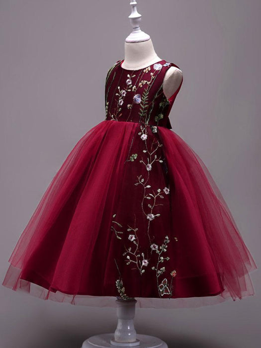 Flower Girl Dresses Lace Embroidered Kids Tutu Dress Tulle Sleeveless Burgundy Little Girls Party Dress