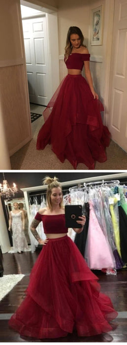 Burgundy Off Shoulder 2 Pieces Tulle Long Prom Dresses, Burgundy Off Shoulder Graduation Dresses, Formal Dresses, Evening Dresses