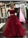 Burgundy Off Shoulder 2 Pieces Tulle Long Prom Dresses, Burgundy Off Shoulder Graduation Dresses, Formal Dresses, Evening Dresses
