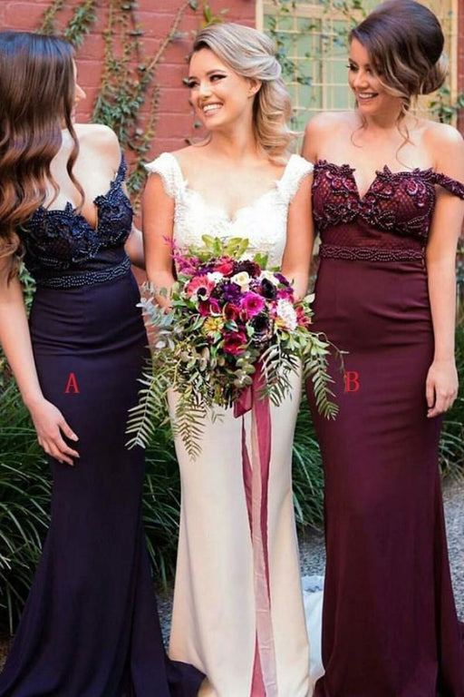 Burgundy Off Shoulder Mermaid Bridesmaid Dress - Bridesmaid Dresses