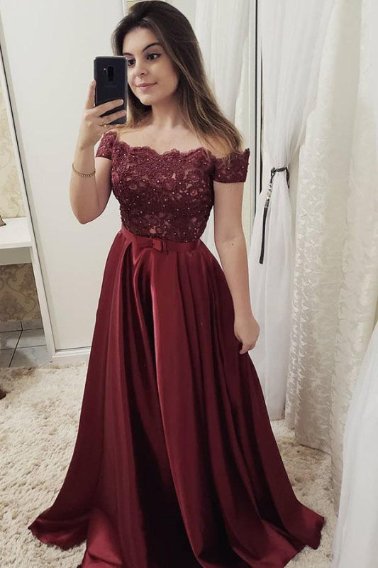 Burgundy Off Shoulder Satin Prom Dress Lace A-Line Gown - Bridelily Burgundy Off Shoulder Satin Prom Dress Lace A-Line Gown - Bridelily