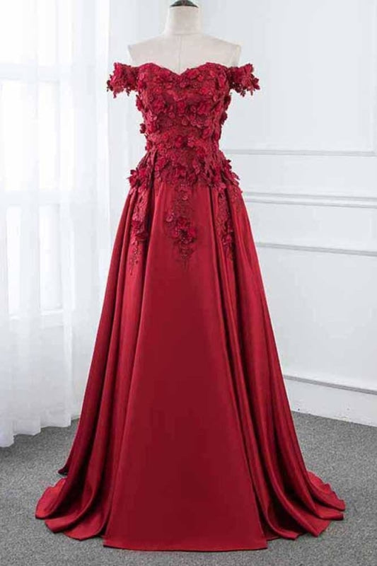 Burgundy Off the Shoulder A Line Satin Prom Dress with Lace Flowers Party Dresses - Prom Dresses