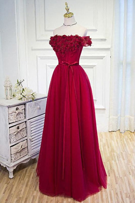 Burgundy Off the Shoulder Floor Length Prom Dress with Hand Made Flowers Belt - Prom Dresses