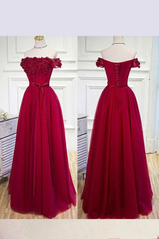 Burgundy Off the Shoulder Floor Length Prom Dress with Hand Made Flowers Belt - Prom Dresses