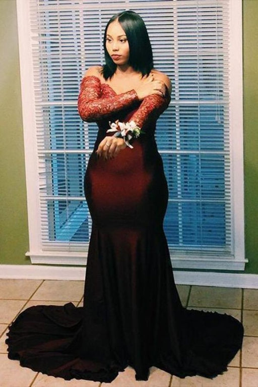Burgundy Off the Shoulder Long Sleeves Mermaid Plus Size Prom Dress with Train - Prom Dresses