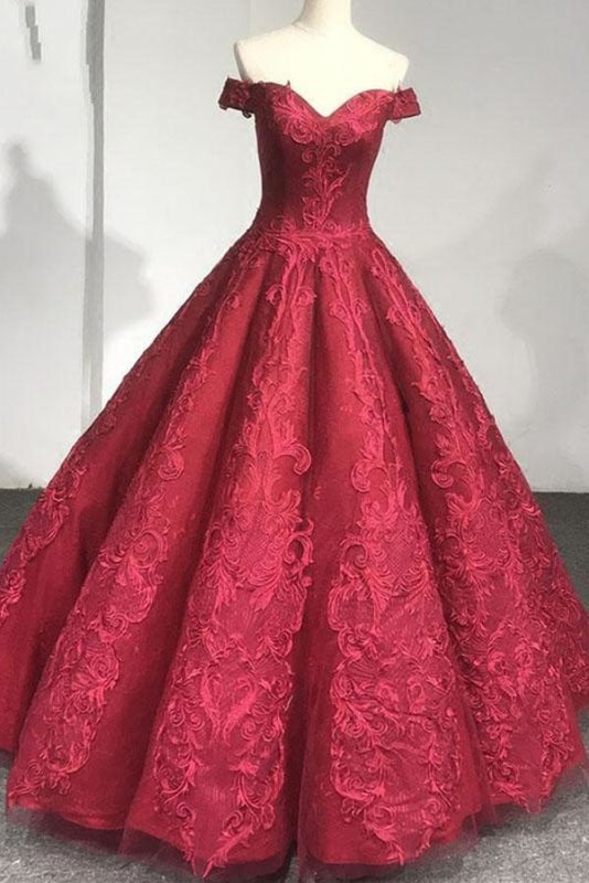 Burgundy Off the Shoulder Puffy Prom Lace Wedding Dresses Quinceanera Dress - Prom Dresses