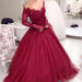 Burgundy Off the Shoulder Sleeve Applique Tulle Evening Long Prom Dress - Prom Dresses