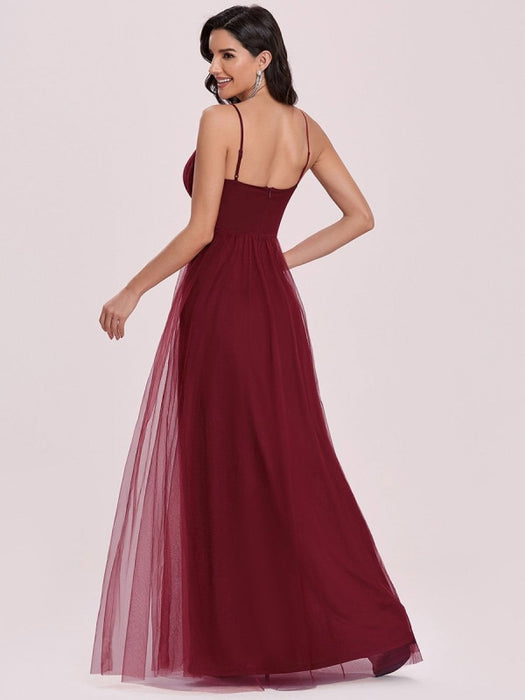 Burgundy Prom Dress A-Line Halter Tulle Sleeveless Sash Long Party Dresses