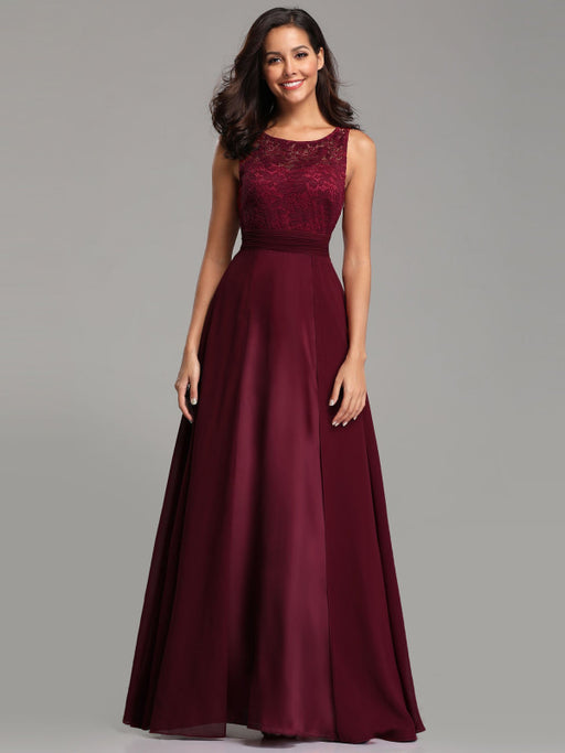 Burgundy Prom Dress Jewel Neck A-Line Sleeveless Chiffon Lace Floor-Length Wedding Guest Dresses