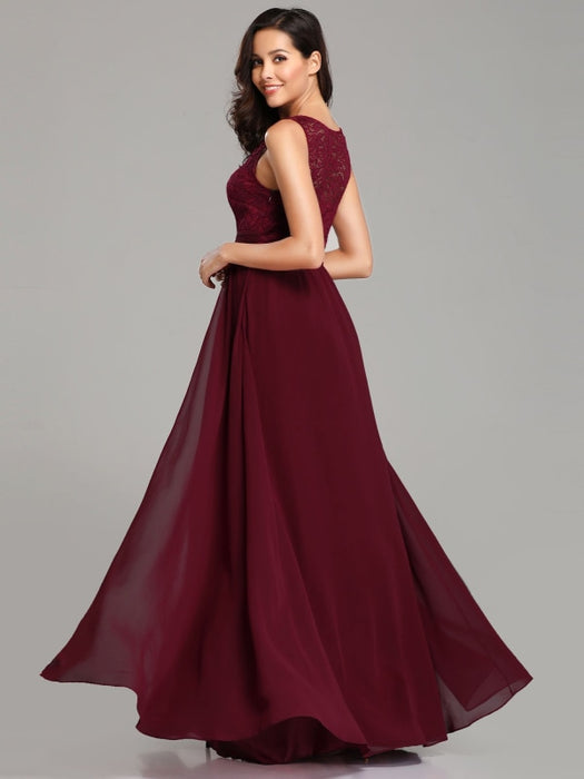 Burgundy Prom Dress Jewel Neck A-Line Sleeveless Chiffon Lace Floor-Length Wedding Guest Dresses