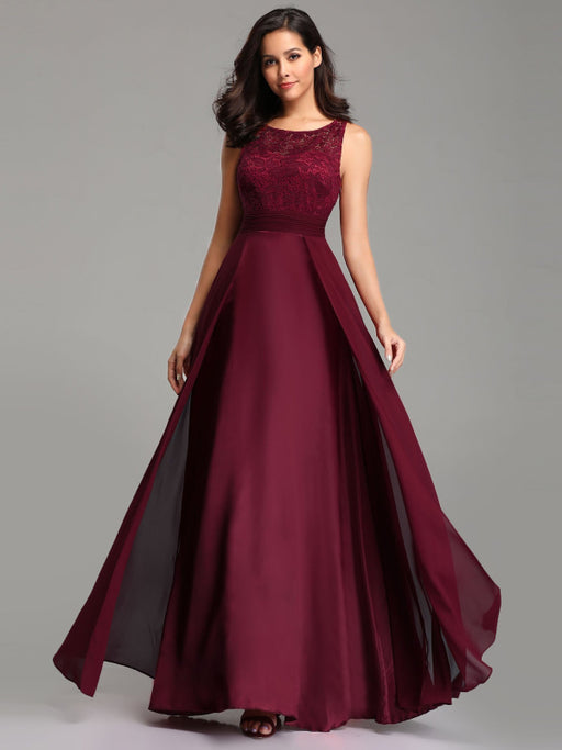 Burgundy Prom Dress Jewel Neck A-Line Sleeveless Chiffon Lace Floor-Length Wedding Guest Dresses