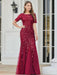 Burgundy Prom Dress Mermaid Jewel Neck Short Sleeves Lace Floor-Length Wedding Guest Dresses