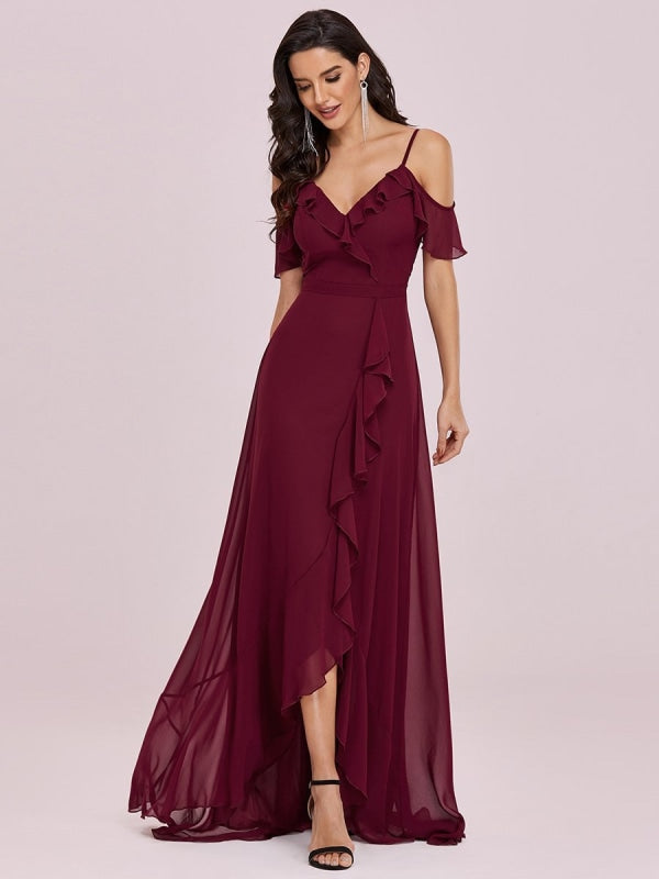 Burgundy Prom Dress V-Neck A-Line Sleeveless Backless Ruffles Split Front Chiffon Maxi Party Dresses