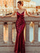 Burgundy Prom Dress V-Neck Backless Mermaid Sleeveless Sequined Bodycon Floor-Length Dresses