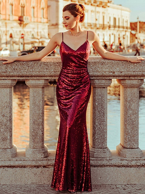 Burgundy Prom Dress V-Neck Backless Mermaid Sleeveless Sequined Bodycon Floor-Length Dresses