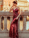 Burgundy Prom Dress V-Neck Backless Mermaid Sleeveless Sequined Bodycon Floor-Length Dresses