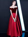 Burgundy Prom Dresses Off The Shoulder Velvet Satin Formal Dress Notched Neck Floor Length Evening Gowns