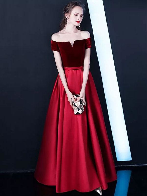Burgundy Prom Dresses Off The Shoulder Velvet Satin Formal Dress Notched Neck Floor Length Evening Gowns