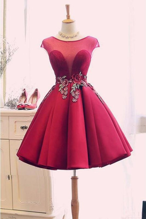 Burgundy Satin Ruched Homecoming A Line Short Prom Dress with Appliques - Prom Dresses