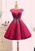 Burgundy Satin Ruched Homecoming A Line Short Prom Dress with Appliques - Prom Dresses