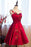 Burgundy Sheer Neck Knee Length Sleeveless Satin Homecoming Dress with Belt - Prom Dresses