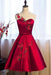 Burgundy Sheer Neck Knee Length Sleeveless Satin Homecoming Dress with Belt - Prom Dresses
