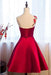 Burgundy Sheer Neck Knee Length Sleeveless Satin Homecoming Dress with Belt - Prom Dresses