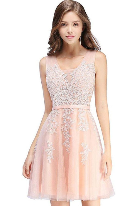 Burgundy Short Formal Gown Lace Applique V Neck Homecoming Dresses - Pearl Pink / US 2 - Prom Dress
