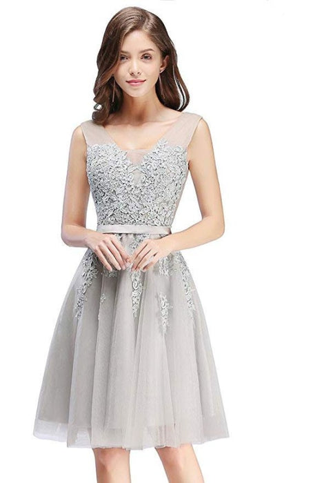 Burgundy Short Formal Gown Lace Applique V Neck Homecoming Dresses - Silver / US 2 - Prom Dress