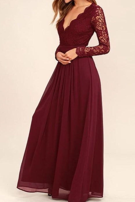 Burgundy Sleeve V-neck Backless Lace Top Chiffon Long Bridesmaid Prom Dress - Prom Dresses