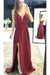 Burgundy Sleeveless Prom Spaghetti Strap Split Satin Party Dresses - Prom Dresses