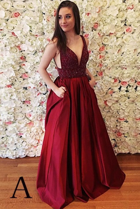 Burgundy Sleeveless V Elegant Red Ball Gown Prom Dress - Bridelily
