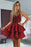 Burgundy Spaghetti Strap Two Layers Satin Short Prom Dress with Appliques - Prom Dresses