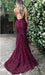 Burgundy Trumpet Spaghetti Straps V-neck Lace Sweep Train Mermaid Prom Dress - Prom Dresses