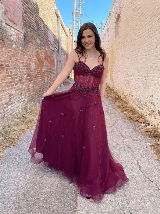 Burgundy Tulle A Line Lace Beaded Long Prom Dresses, Beaded Burgundy F