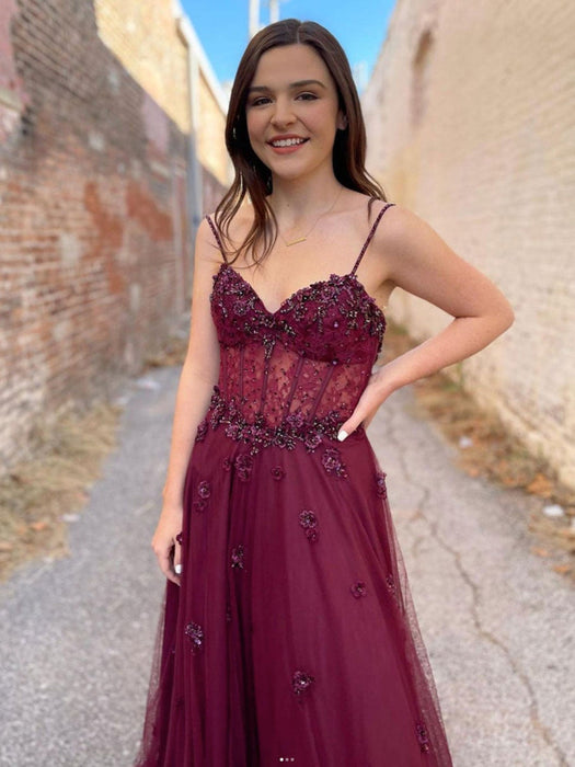 Burgundy Tulle A Line Lace Beaded Long Prom Dresses, Beaded Burgundy F