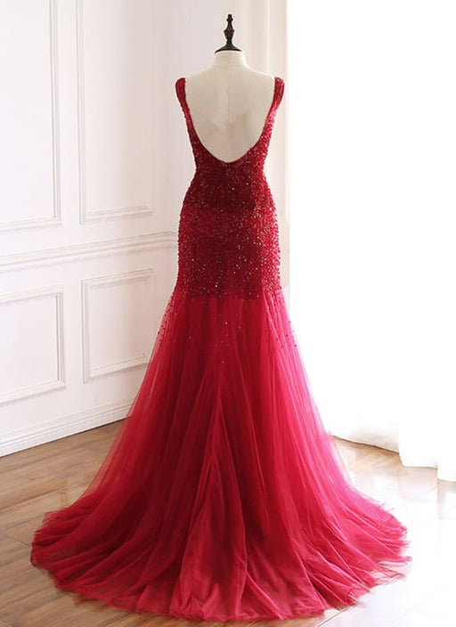 Burgundy Tulle Open Back Beaded Long Mermaid Prom Dress - Prom Dresses