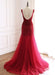 Burgundy Tulle Open Back Beaded Long Mermaid Prom Dress - Prom Dresses