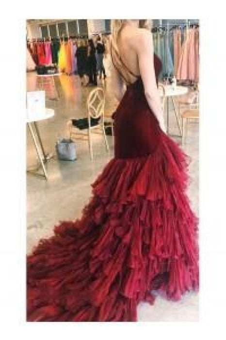 Burgundy Tulle Velvet Long Mermaid Dress Formal Prom Dress - Prom Dresses